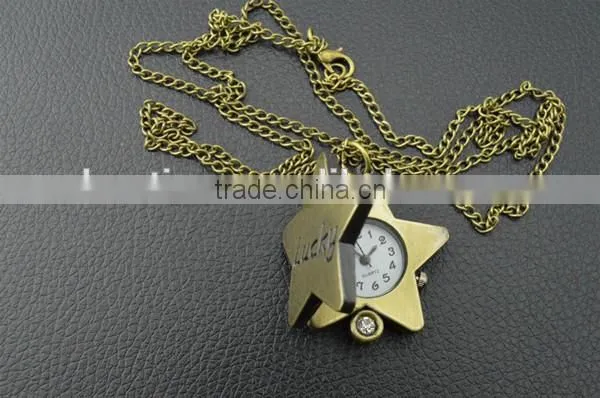 Kids lucky star pocket watch with mental key chain/necklace chain assorted patterns