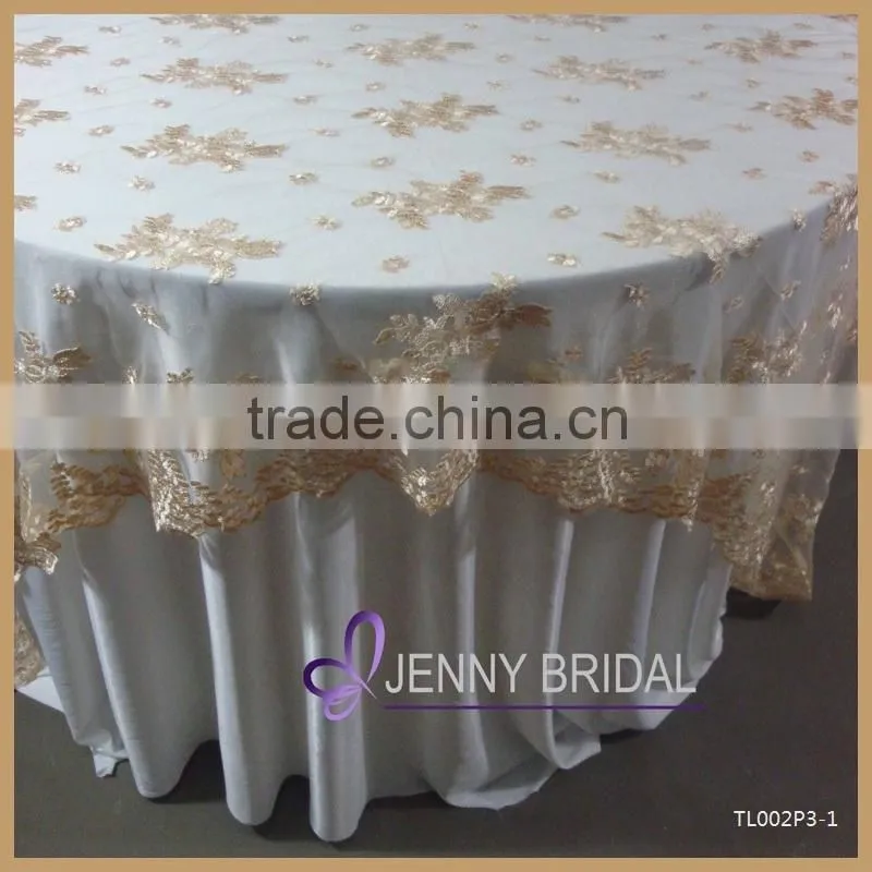 TL002P3-1 high quality gold embroidery lace round wedding table overlay