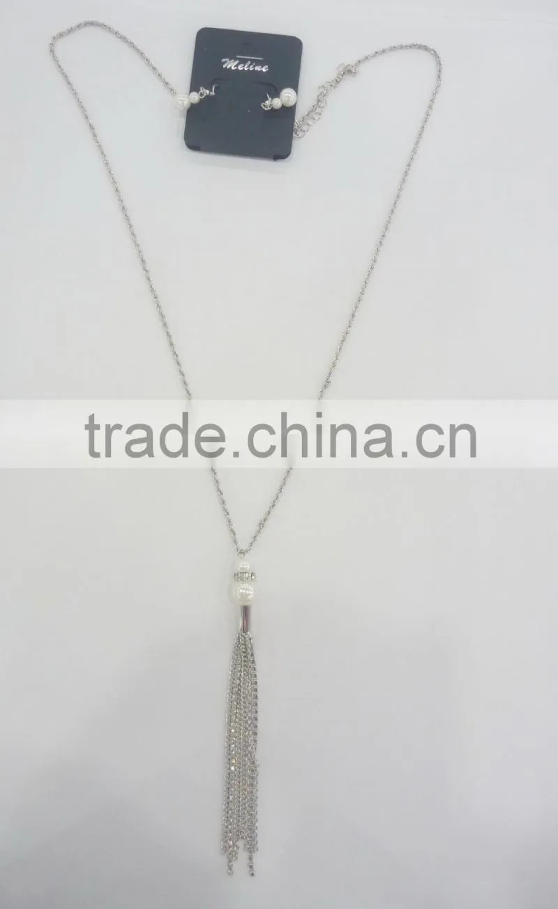 FASHION RHINESTONE CHAIN/CHAIN TASSEL NECKLACE EARRING SET WITH PEARLS