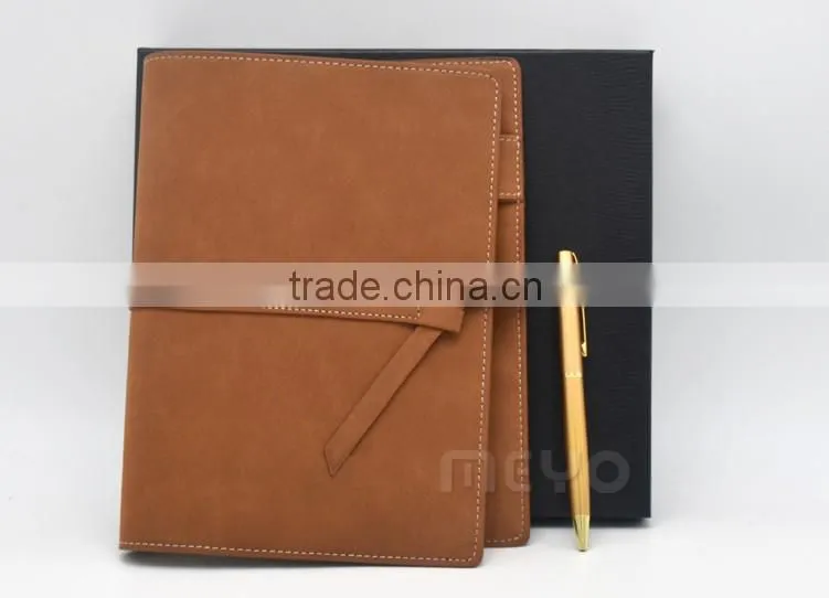 Vintage leather cover notebook and golden twist ball pen gift set with logo
