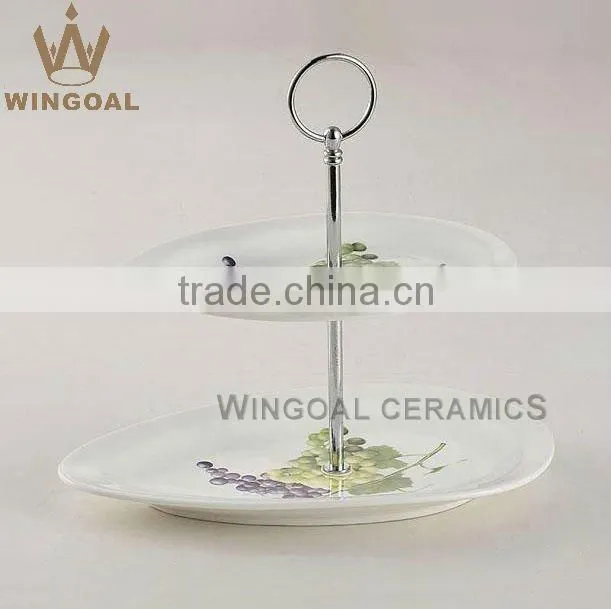 ceramic 2 tiers cake stand with decal