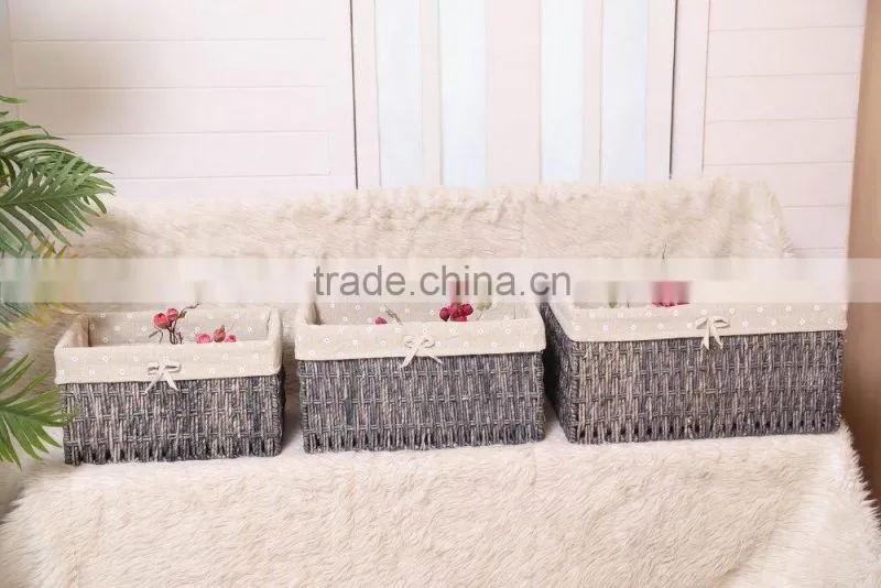 set of 3 maize weaved storage baskets with lining-grey