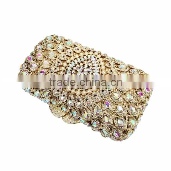 gold metal and AB color crystal evening clutch bag woman handbag ladies party bag (88162A-AB)