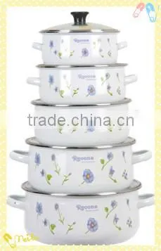 Elegant Light Blue Flower Decal White Enamel Cooking Pot Set 5 Pcs Cast Iron Stew Pot