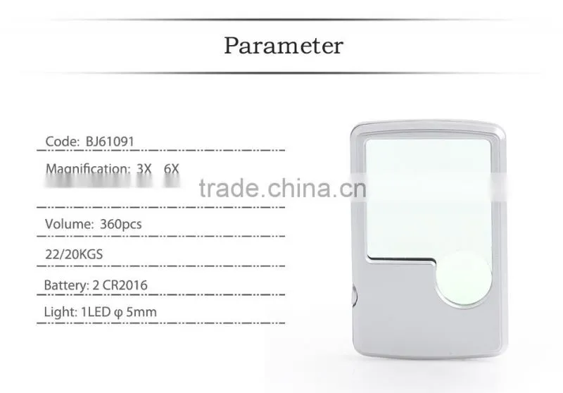 Bijia 2015 high quality Mini Card Shape Glass Reading Magnifier 3X 6X magnifier with led light