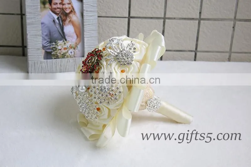 Amazing Wedding Bouquet with Rhinestones Beadings Pearls and Glaring Jewels Satin Ribbon Bow Knot