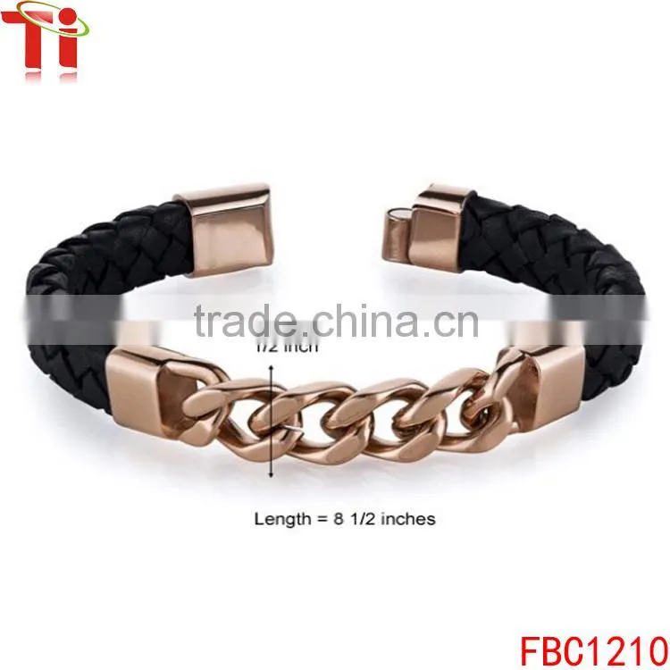 2016 fashion gold plated stainless steel clasp bracelet Genuine Leather Bangle