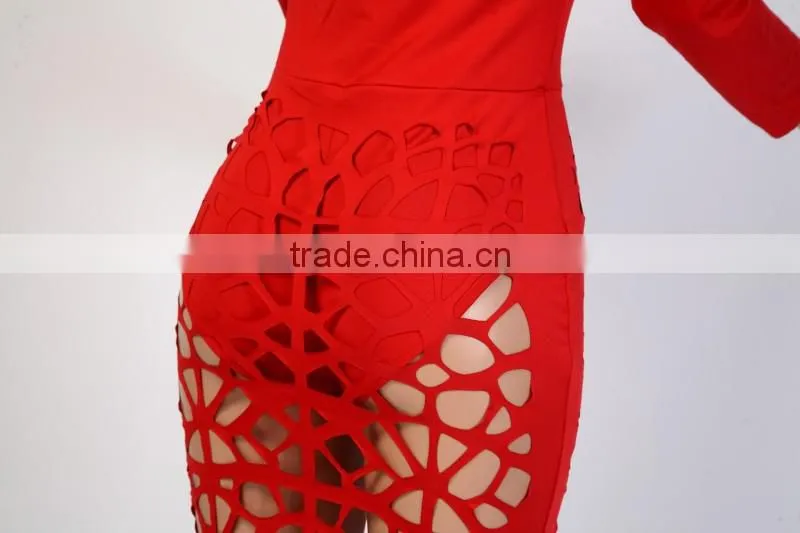 Bonvatt 2017 New Arrival Red Hollow Out Turtleneck Knee-Length Bandage Dress Sleeveless With Hole Sexy Costumes