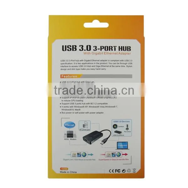 New Hot USB 3.0 USB Ethernet Adapter 3port Hub With Gigabit Ethernet Adapter