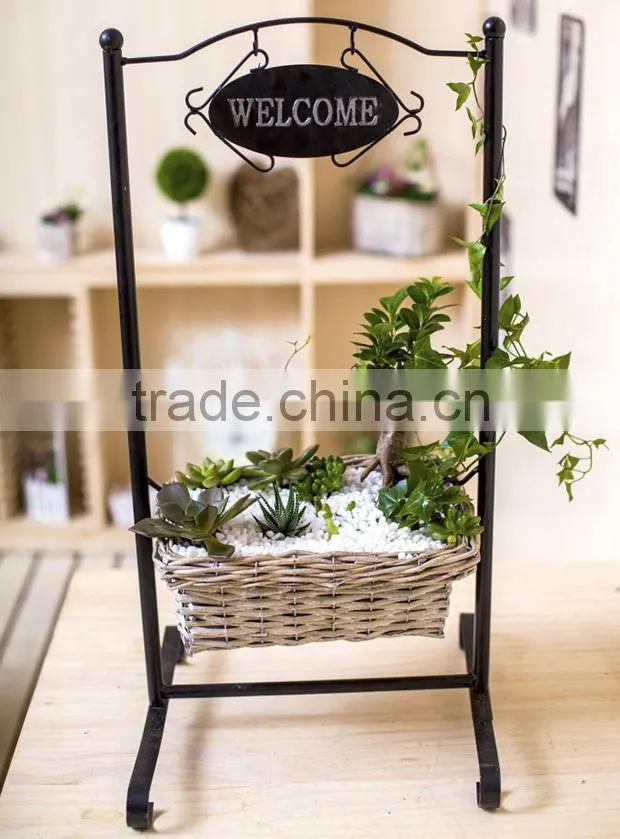 Indoor decor iron stand hanging wicker woven flower basket