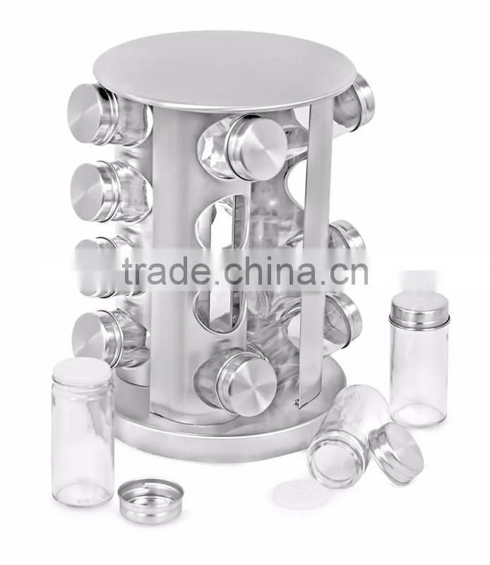 12 jars Glass Condiment Kitchen Set Stainless Steel Revolving Spice Rack set