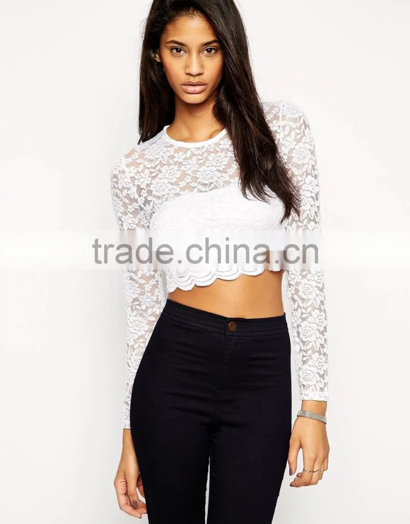 Hot sale Cropped Top With Long Sleeves In All Over Lace