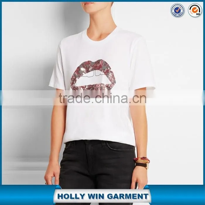 China factory cheap t shirt printing sequined lips wholesale