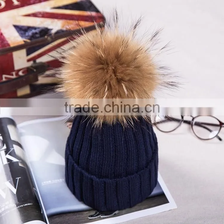 Women Beanies with Fox Fur Pompom Genuine Fur Ball Ski Cap Bobble Hat 15cm Fluffy