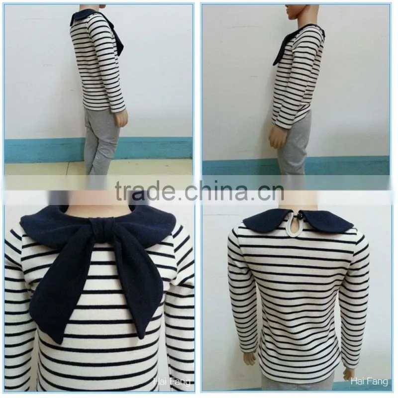 OEM Custom Children Girls Long Sleeve T Shirt, Cotton Bowknot Round Collar T Shirt, Stripe T Shirt