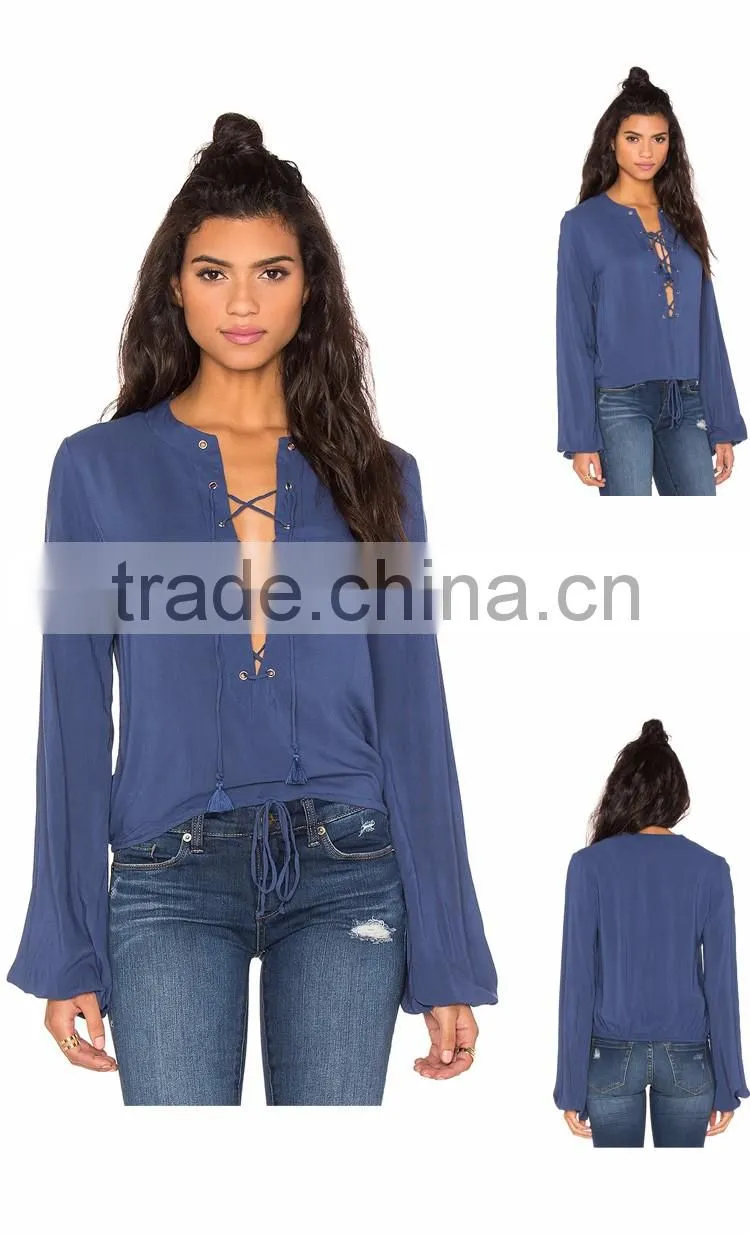 Fashion Lace Up Neck Designs for Ladies Blouse