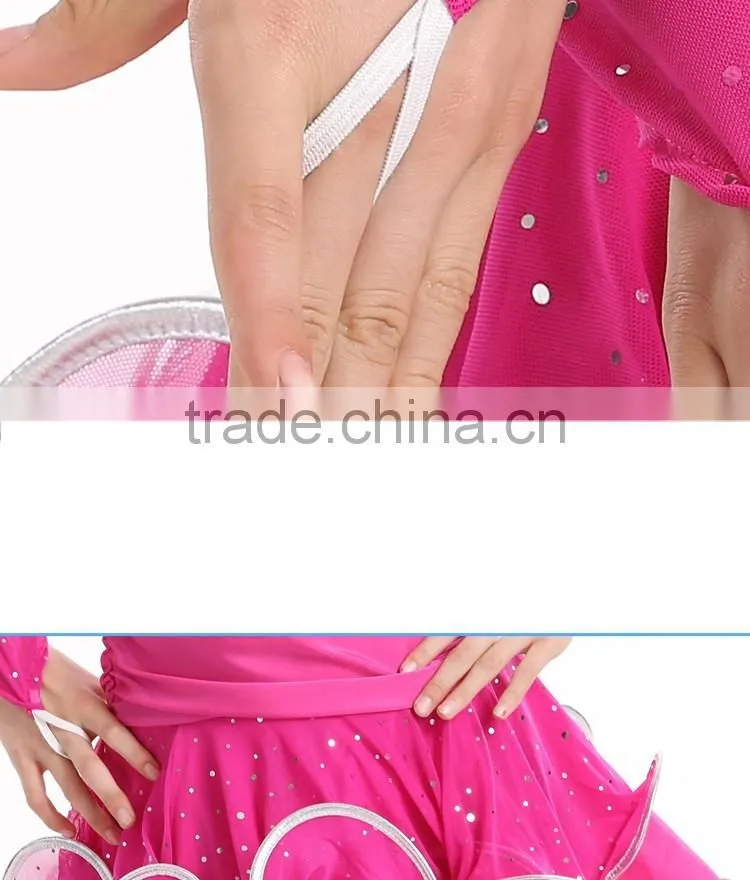 2016 New Fashion Girls High Neck Long Sleeve Performance Dress Child Kids Rhinstone Sequin Mesh Sexy Latin Dance Dress