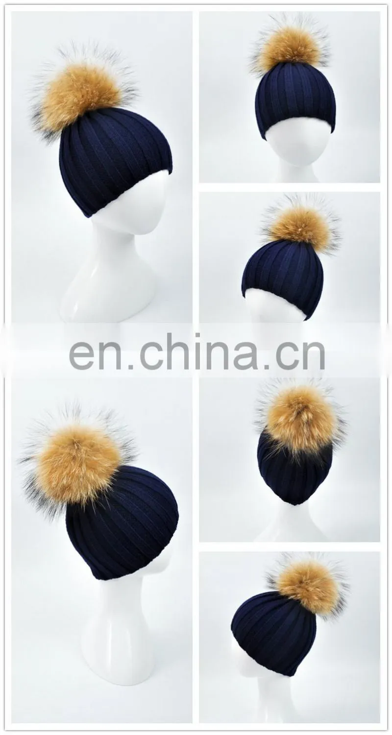 Top Lovely Light Blue Color Knitted Hat With Large Raccoon Fur Pom Pom Classic Fur Pom Hat Baby