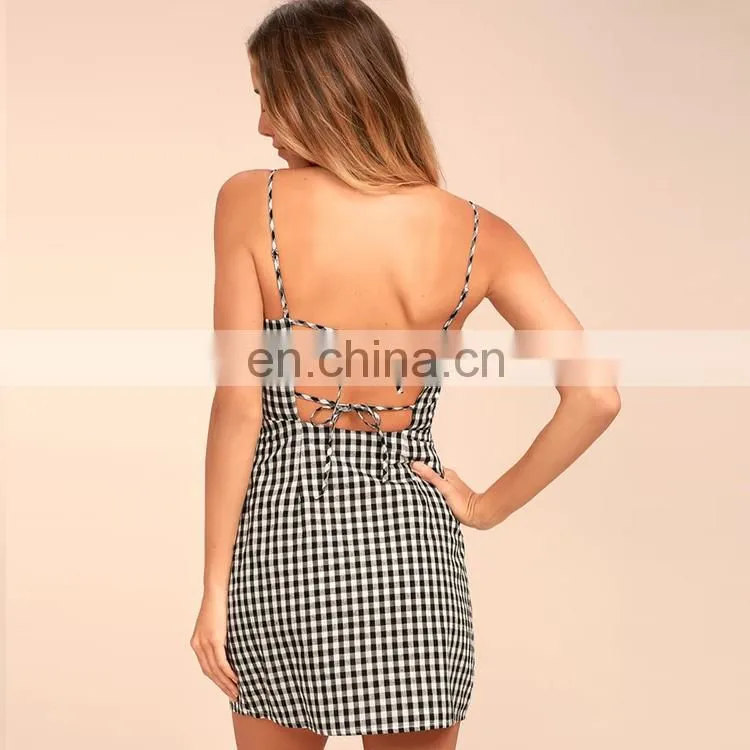 latest designs black and white plaid dress summer casual strap mini lady dress