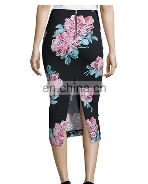 Floral-Print Midi Pencil Skirt, Black/Multi Colors
