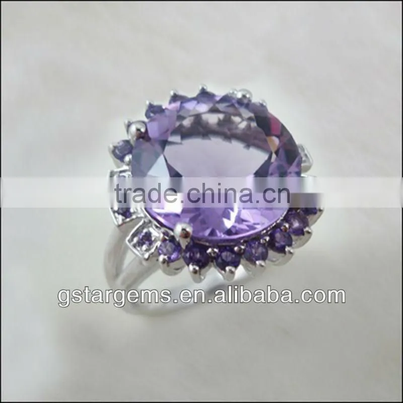 925 Sterling Silver Natural Geniune Gemstone Amethyst Rhodium Plated CZ Ring