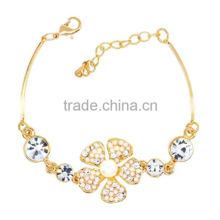Lady's Cubic Zirconia Crystal Five Petals Flower Charm Bangle Bracelet