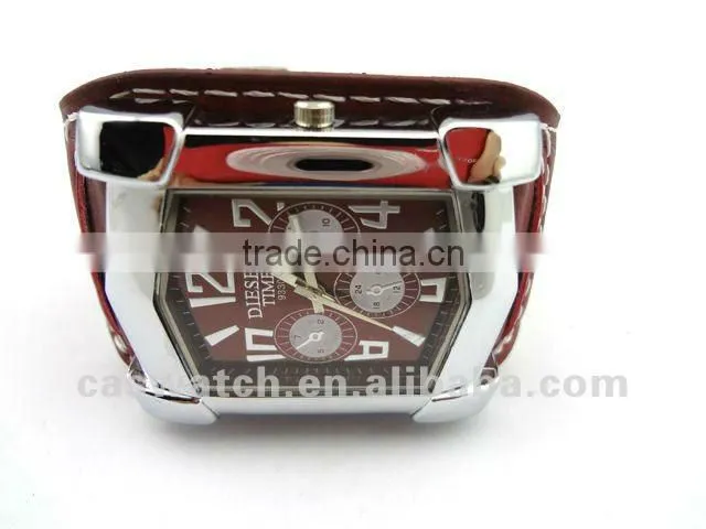 Heavy square mental watch with stitch PU leather strap