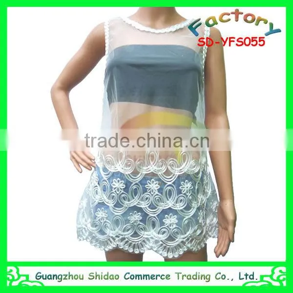 Elegant white woman blouse fashion mesh embroidery lace blouse