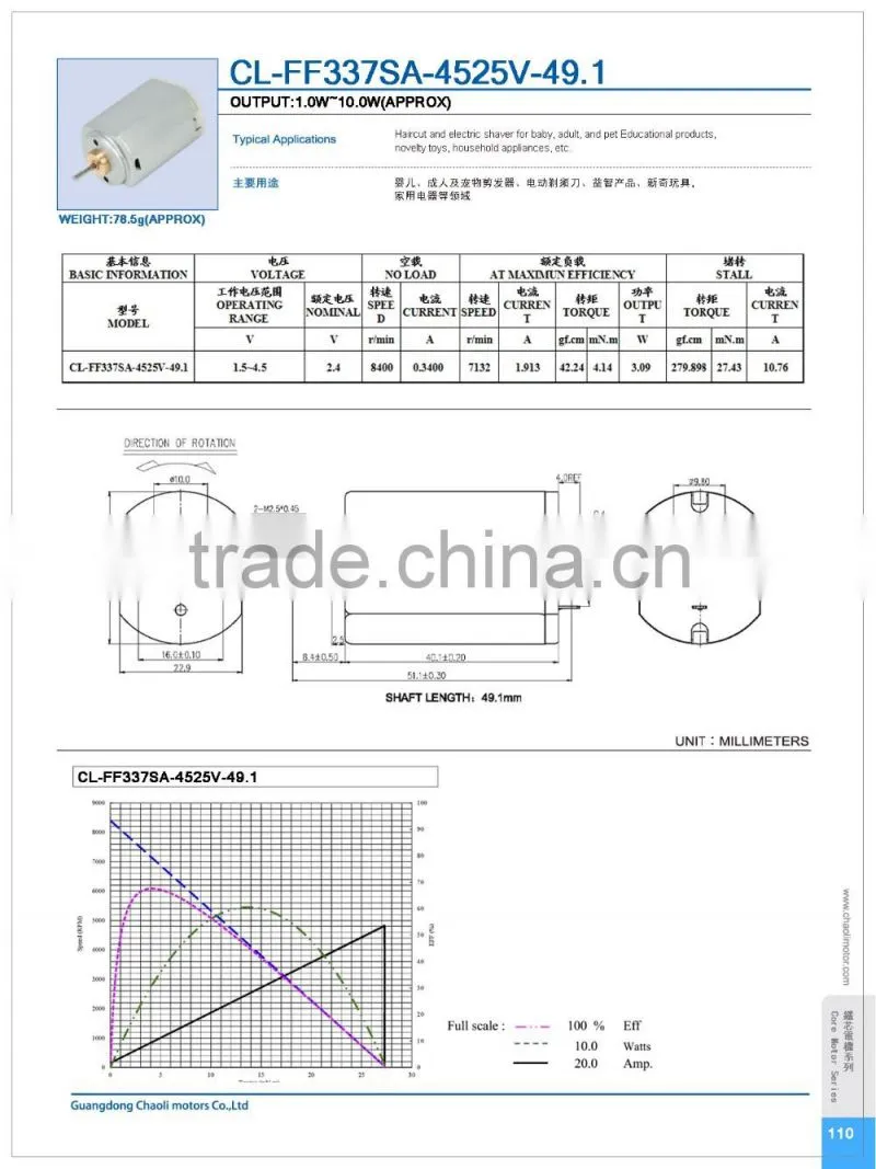 2.4V low noise electric shaver and haircut dc motor CL-FF337SA with metal brush,EMC and RoHS-chaoli