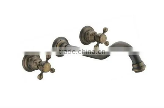 Double Handle 3 Hole Antique Wall-mounted Brass Copper Basin Faucet Tap QH001-22A