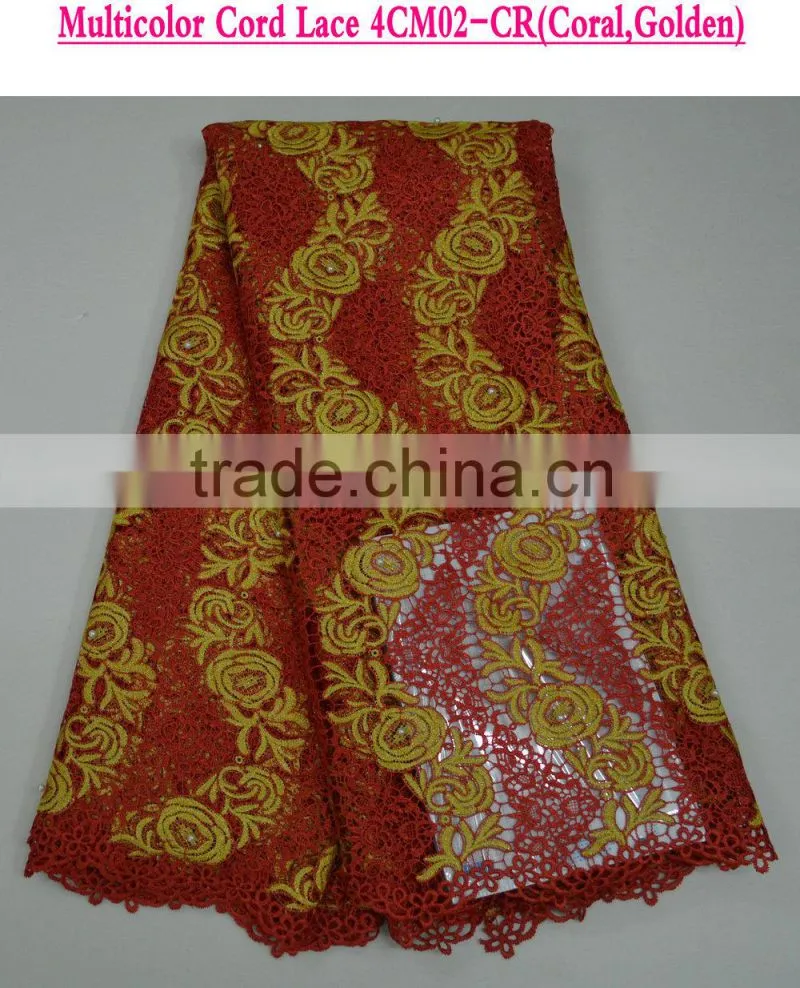 2015 New fashion lace fabric for nigerian party with pearls african cord lace colorful chemical lace