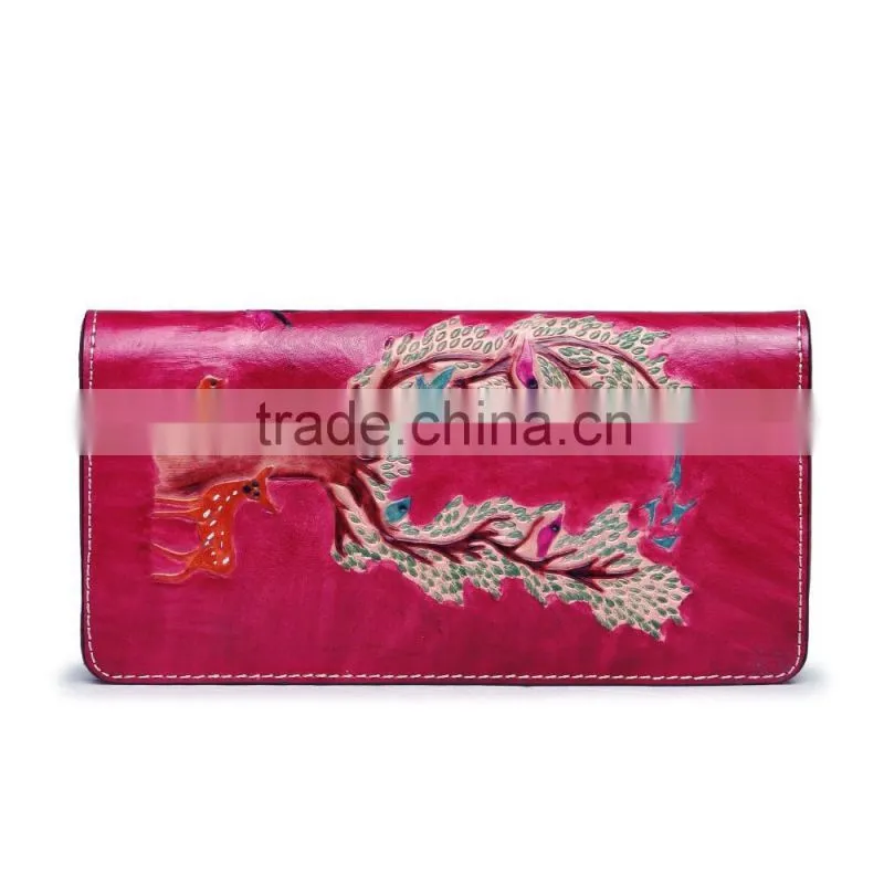 Fashion trendy pretty women rose red leather zipper clutch wallets with card slots