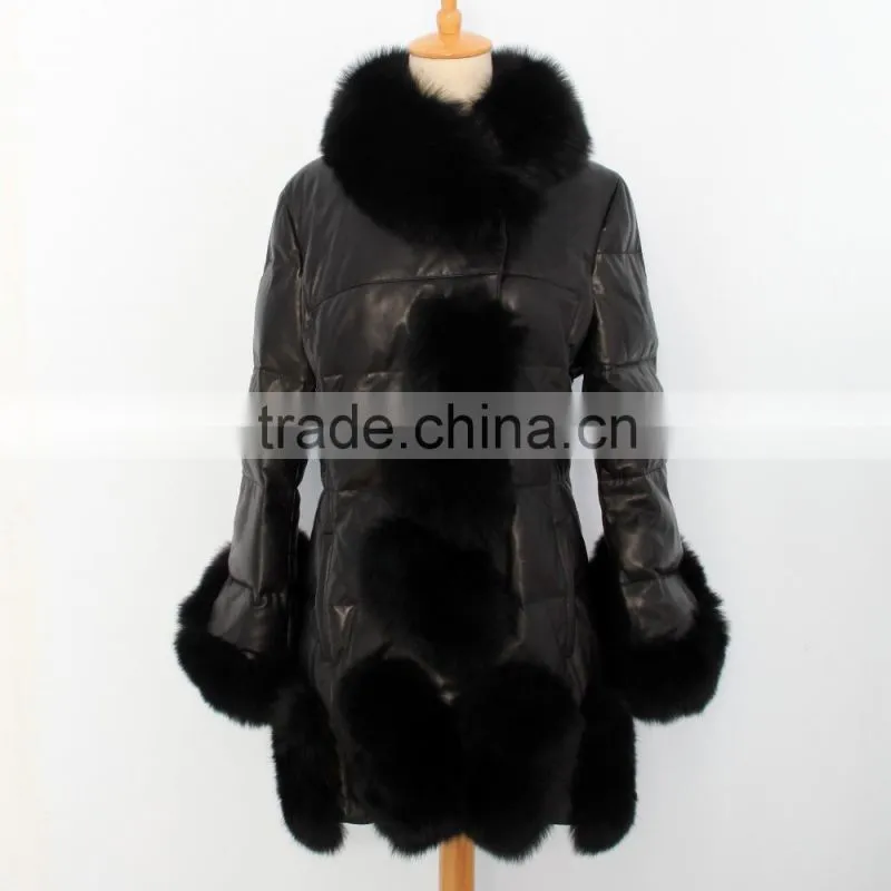 popular fashion ladies natural leather coat with fox fur trim