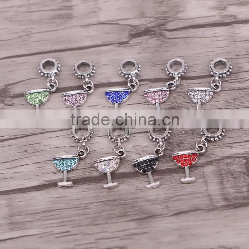 European Charm Dangling Beads Rhinestone Antique Silver Tone Jewelry Findings
