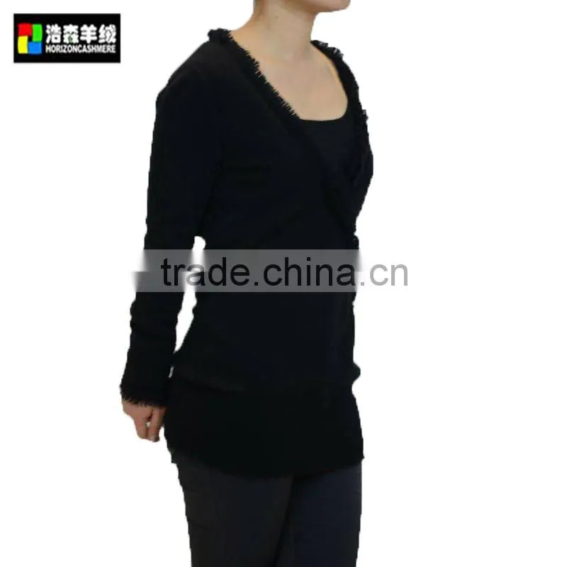 Fringe Trim Cashmere Women Knitted Sweater, Women Black Knitting Pattern Sweater