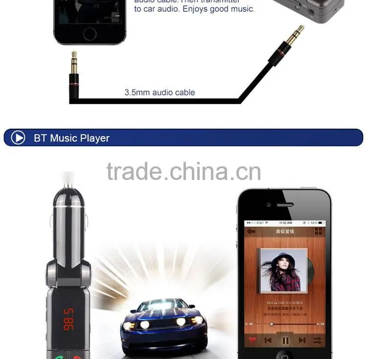 fm Radio Stereo Adapter bluetooth car charger with Handsfree Calling and USB Charging Port Up to 2.1A