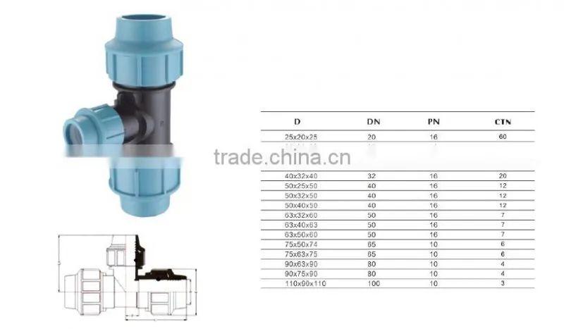 PN 16 pp/pe compression fittings reducing tee for pe pipe