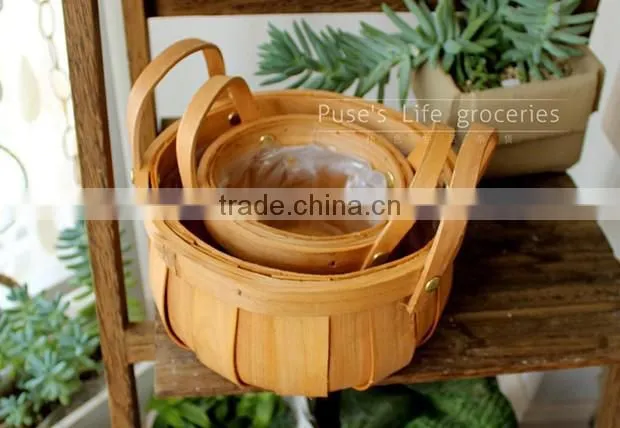 Garden decorative wood chips flower basket with handles