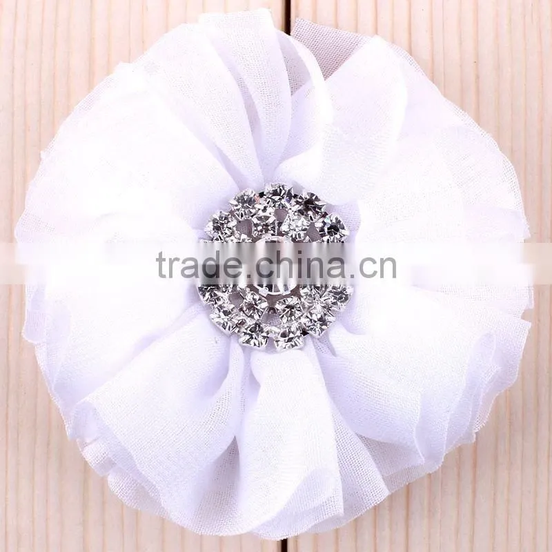 fabric chiffon flower with rhinestone center for kids hair accessories
