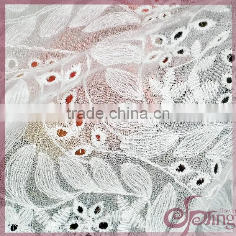White transparent floral embroidery design cotton lace fabric for dress/ tops/ cardigan