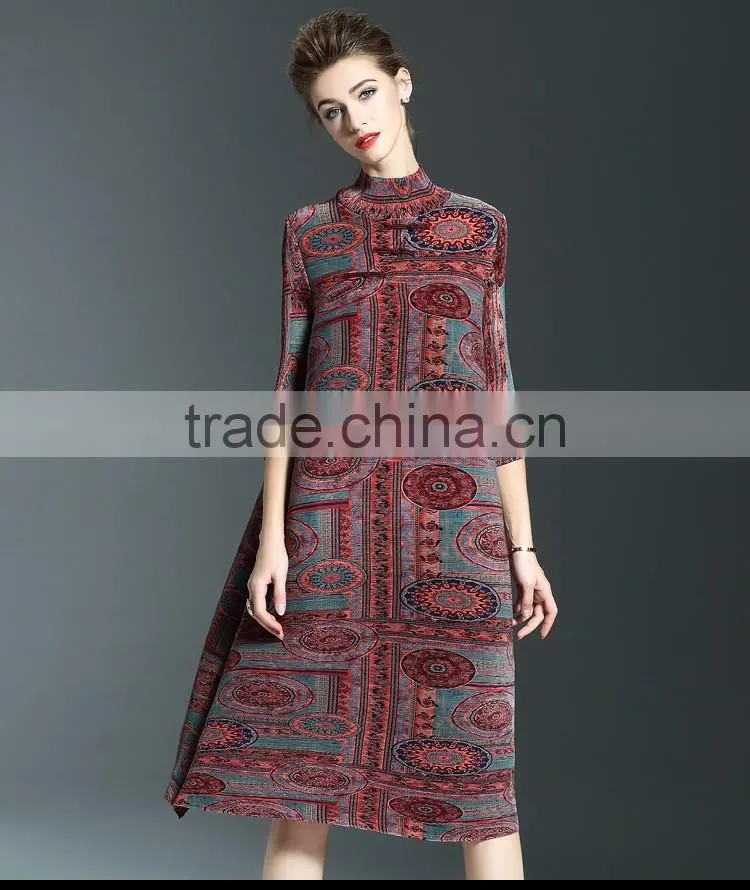 Ancient printing high neck oversize spring dresses for fat lady