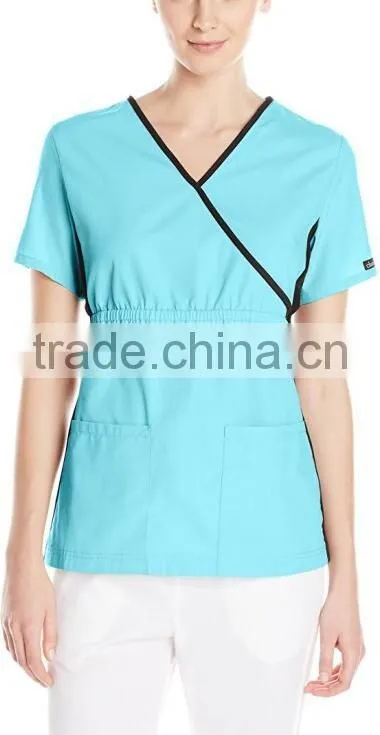 Top Selling Mock Wrap Women Medical Scrubs Wholesale Knit Panel Top