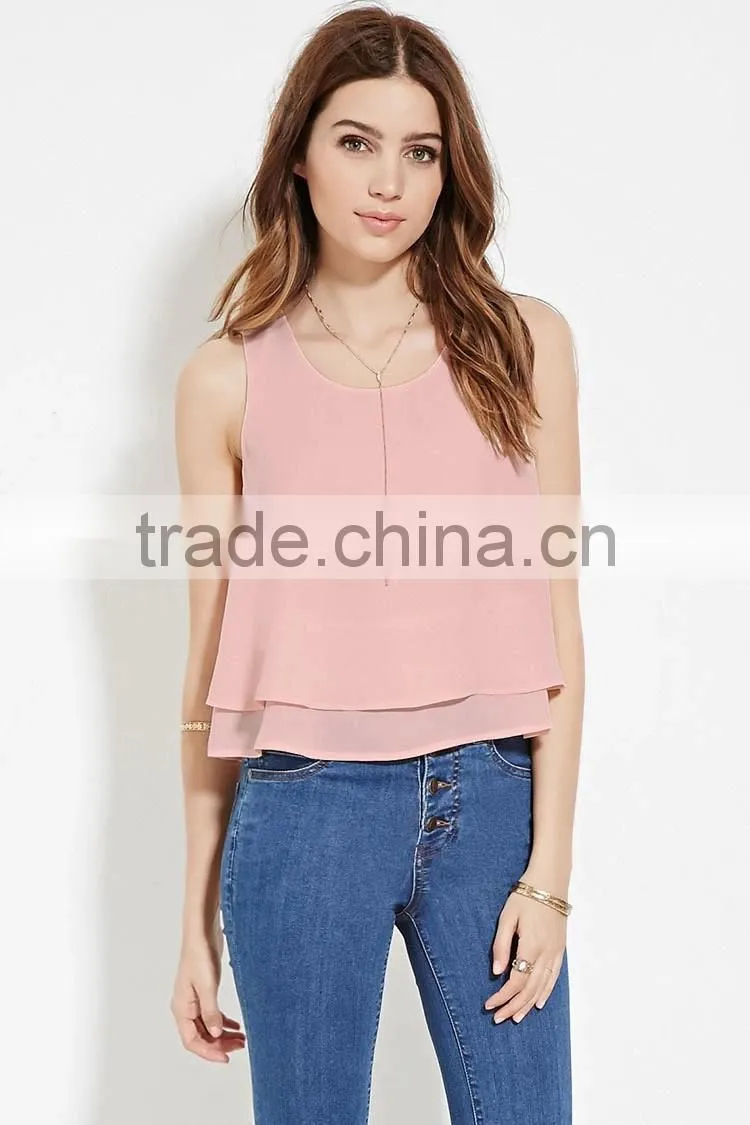 2016 guangzhou shandao oem service summer new design casual plain dyed sleeveless double layer women chiffon tops