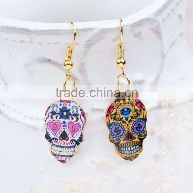 New Fashion Gold Plated Multicolor Halloween Sugar Skull Pattern Earrings