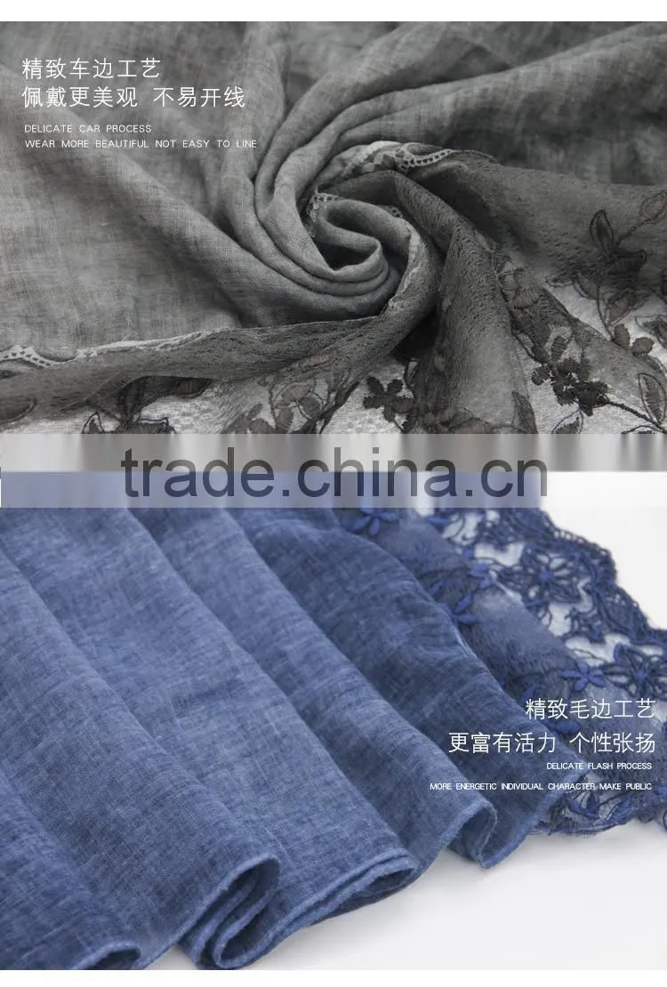 New fashion custom classic plain dyed linon viscose thin lace flower trim ribbon hijab scarf