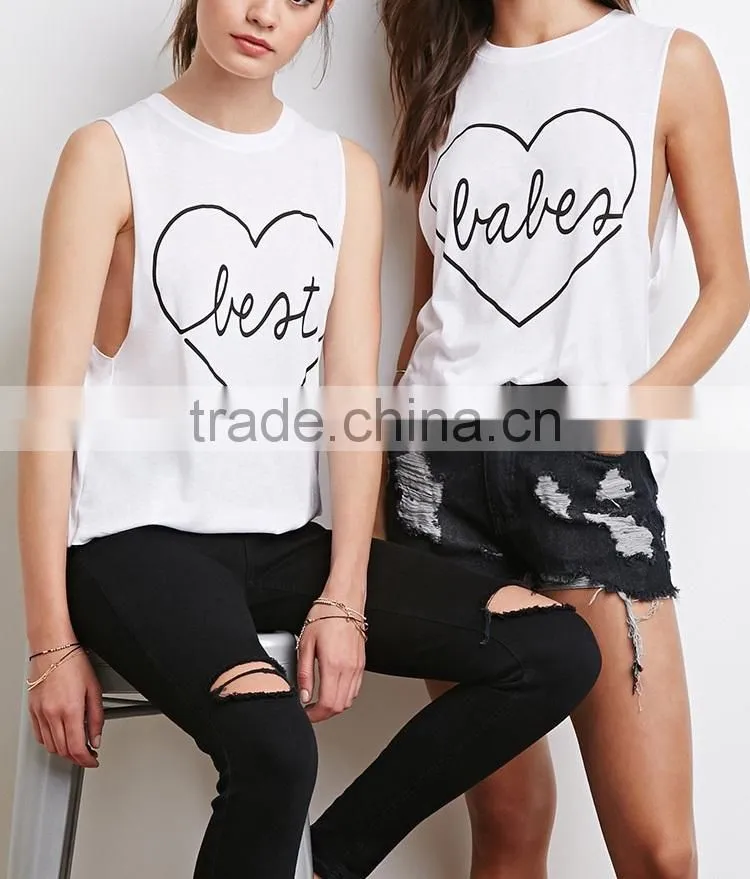Unfinished Aarm Hole Cut Solid Color Cotton Best Babes Muscle Tee Set with Lovely Printing