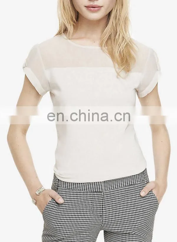 CHEFON Sheer chiffon yoke twisted sleeve women office blouses for uniform short sleeve
