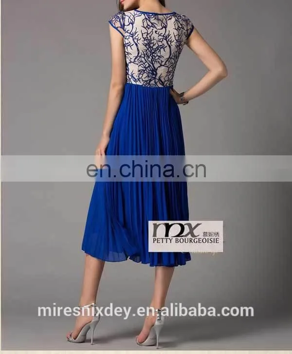 Women Emboridery Chiffon Dress with Short Sleeve