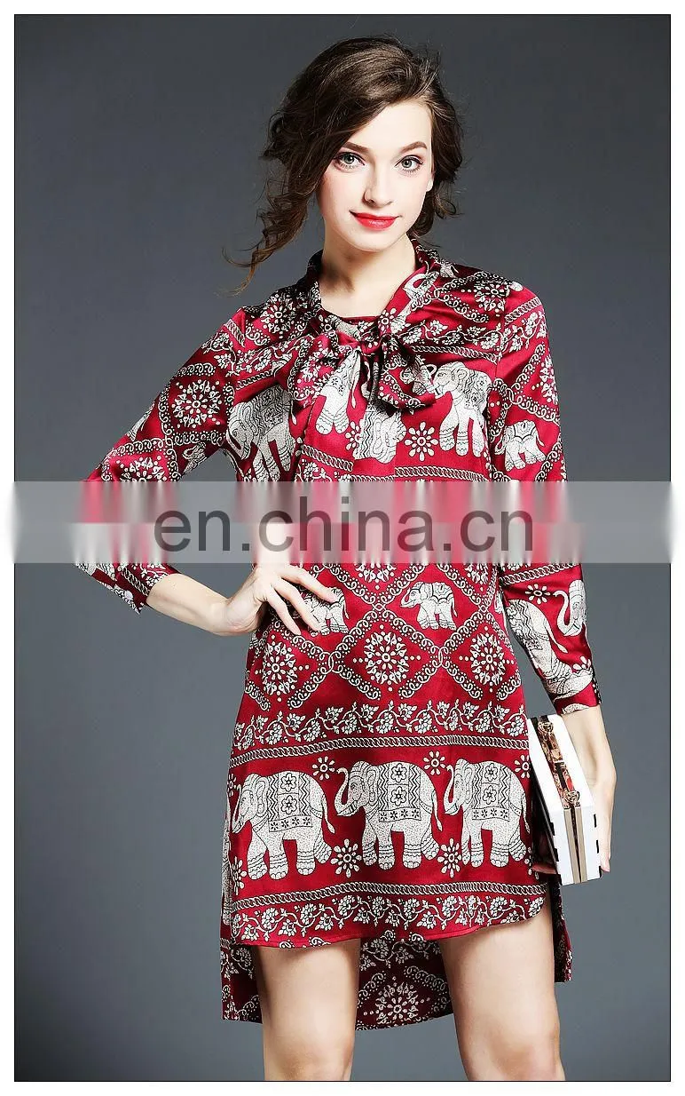 High quality ladies front short and back long tunic dress, print taffeta petite dress