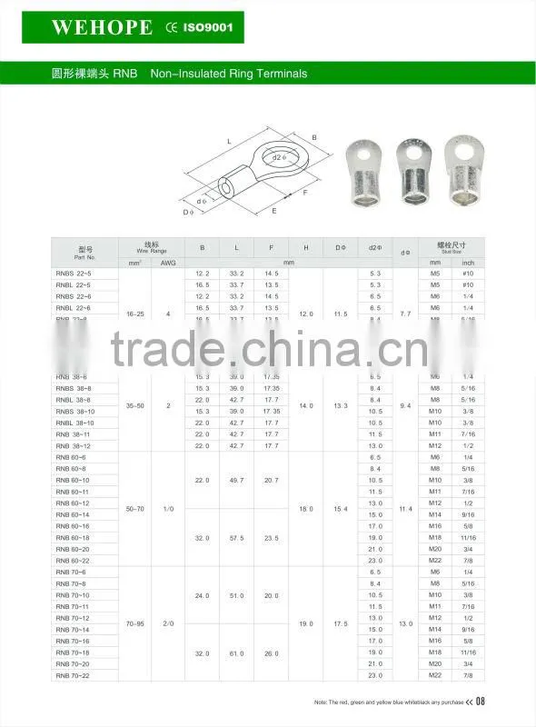 factory direct 50-70mm2 1/0AWG RNB series copper Non-Insulated wire connector